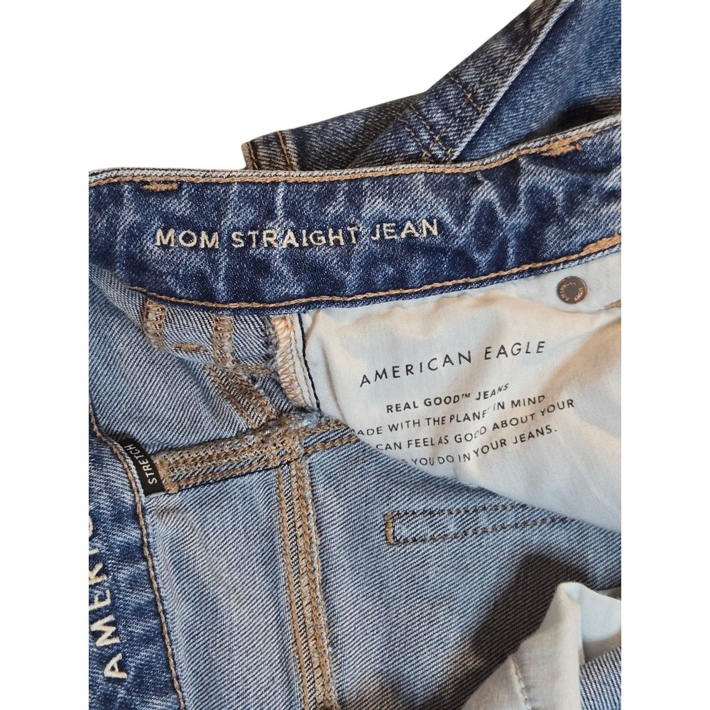 American Eagle Jeans 000 Long Mom Jean Stretch Straight Blue Denim Distressed - Picture 2 of 5